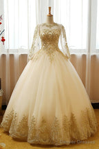 Beautiful Light Champagne Long Sleeves Party Gown, Sweet 16 Dress