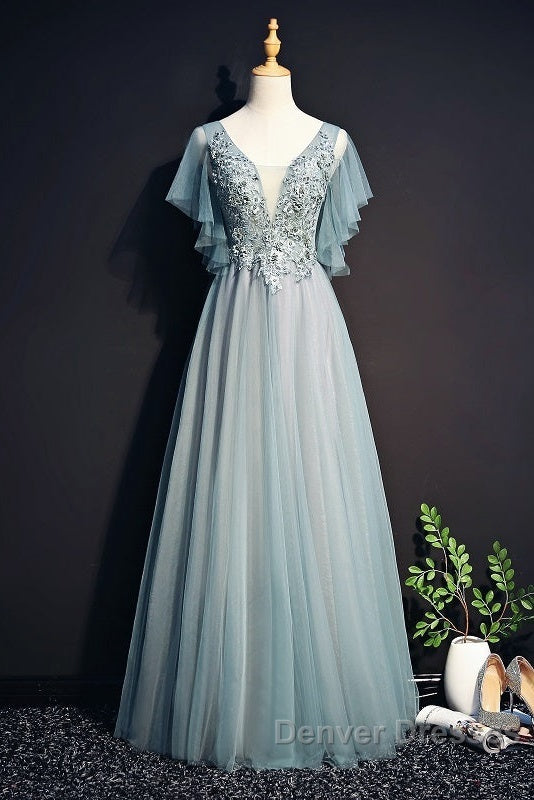 Beautiful Light Green Tulle Long Party Dress, Green Lace Low Back Prom Dress Evening Dress Secondary image
