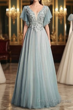 Beautiful Light Green Tulle Long Party Dress, Green Lace Low Back Prom Dress Evening Dress