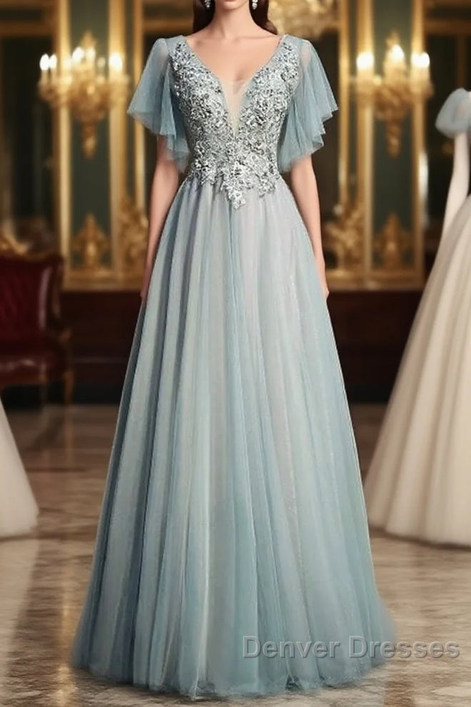 Beautiful Light Green Tulle Long Party Dress, Green Lace Low Back Prom Dress Evening Dress