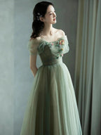 Green Beautiful Charming Floral Applique Tulle Long Formal Prom Dress,Evening Dress,Party Dress