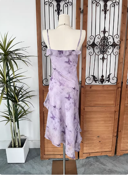 Beautiful Light Purple Spaghetti Strap Butterfly Printed Chiffon Prom Dress Secondary image