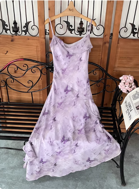 Beautiful Light Purple Spaghetti Strap Butterfly Printed Chiffon Prom Dress