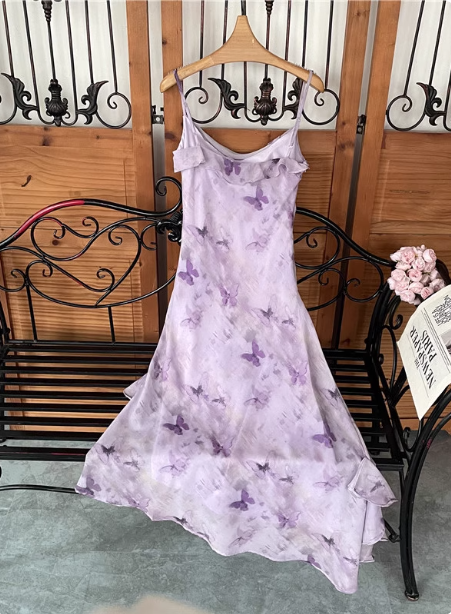 Beautiful Light Purple Spaghetti Strap Butterfly Printed Chiffon Prom Dress