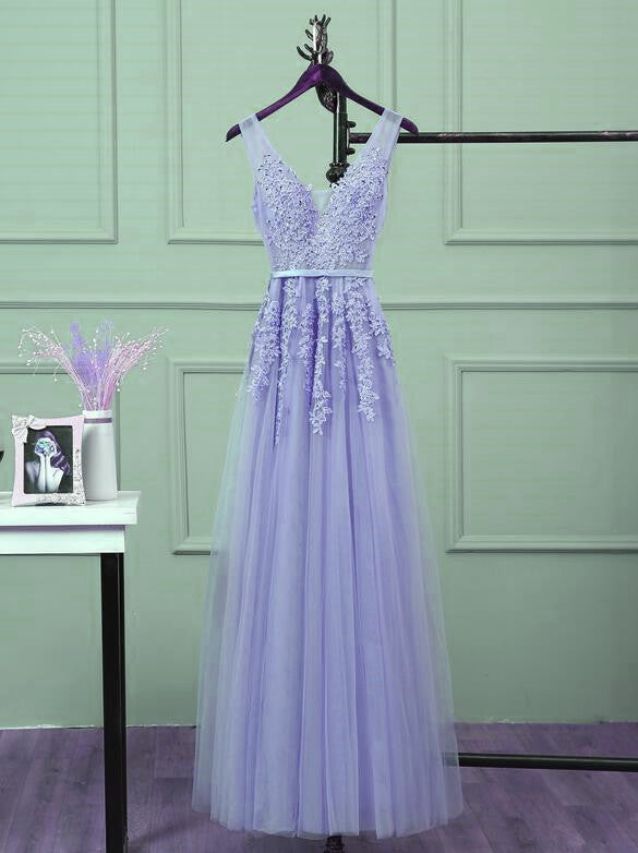 Beautiful Light Purple Tulle Long Party Gown, A-Line V-Neckline Prom Dress