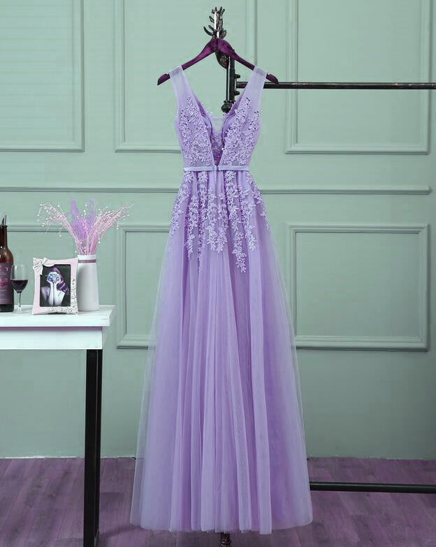 Beautiful Light Purple Tulle Long Party Gown, A-Line V-Neckline Prom Dress