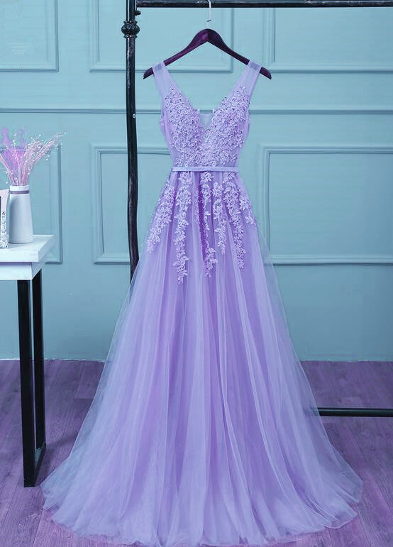 Beautiful Light Purple Tulle Long Party Gown, A-Line V-Neckline Prom Dress Main image