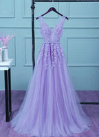 Beautiful Light Purple Tulle Long Party Gown, A-Line V-Neckline Prom Dress
