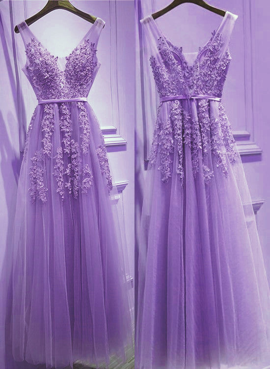Beautiful Light Purple Tulle V-Neckline Party Dress , Tulle Formal Gowns Main image