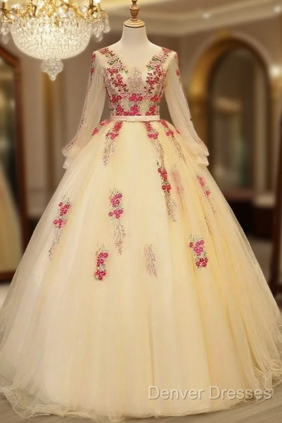 Beautiful Light Yellow Long Sleeves Quinceanera Dress, Ball Gown Sweet 16 Dress Main image