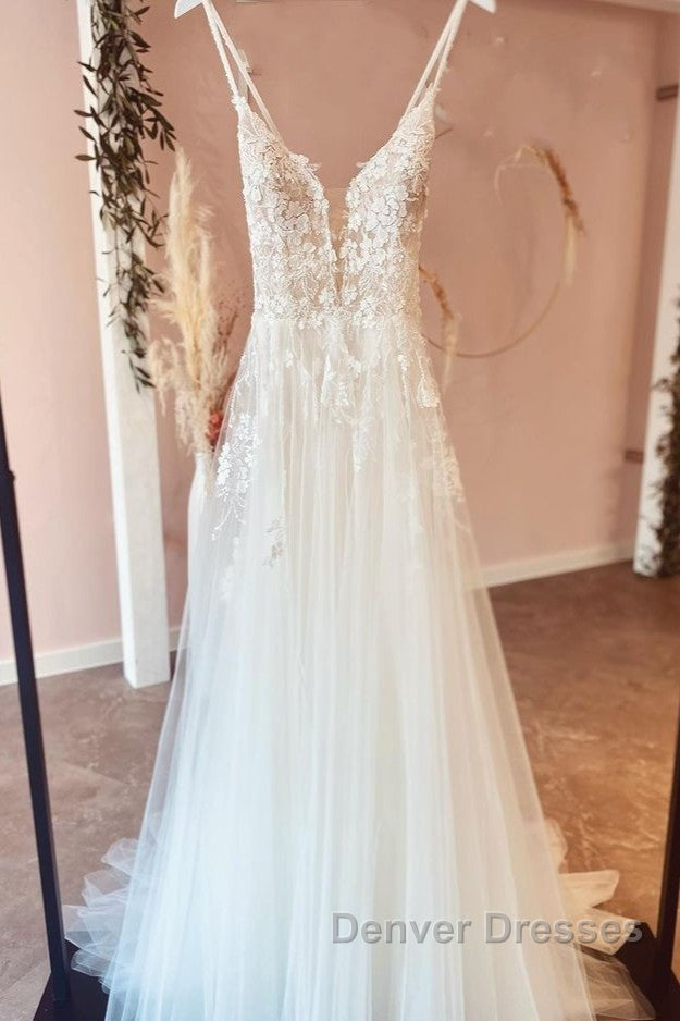 Beautiful Long A-line Backless Tulle Wedding Dress with Appliques Lace