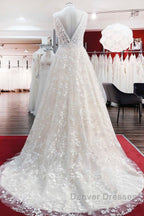 Beautiful Long A-Line Lace Appliques Tulle Open Back Wedding Dress