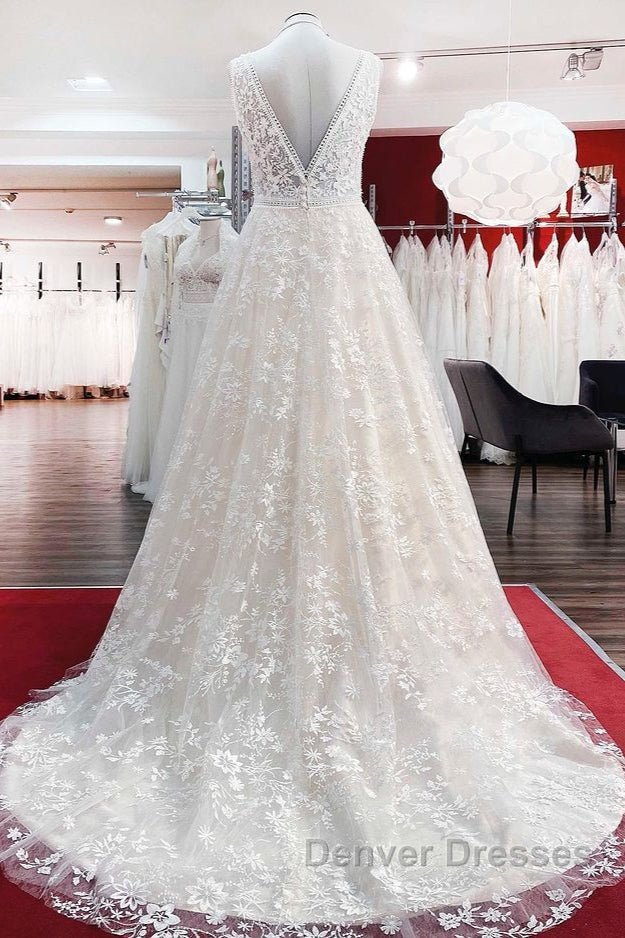 Beautiful Long A-Line Lace Appliques Tulle Open Back Wedding Dress