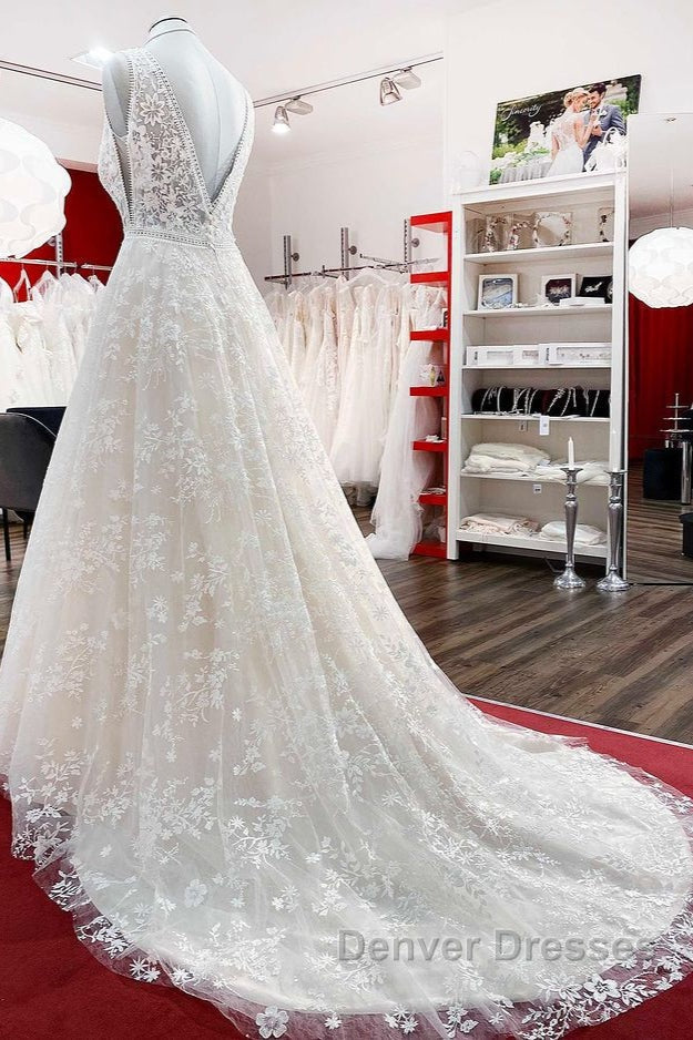 Beautiful Long A-Line Lace Appliques Tulle Open Back Wedding Dress