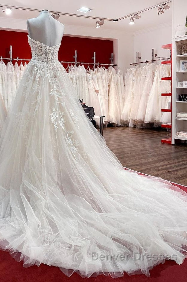 Beautiful Long A-line Strapless Tulle Ivory Wedding Dress with Appliques Lace Secondary image