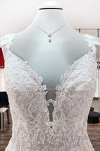 Beautiful Long A-line Tulle Lace V Neck Open Back Wedding Dress