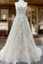 Beautiful Long A-line Tulle Lace V Neck Open Back Wedding Dress