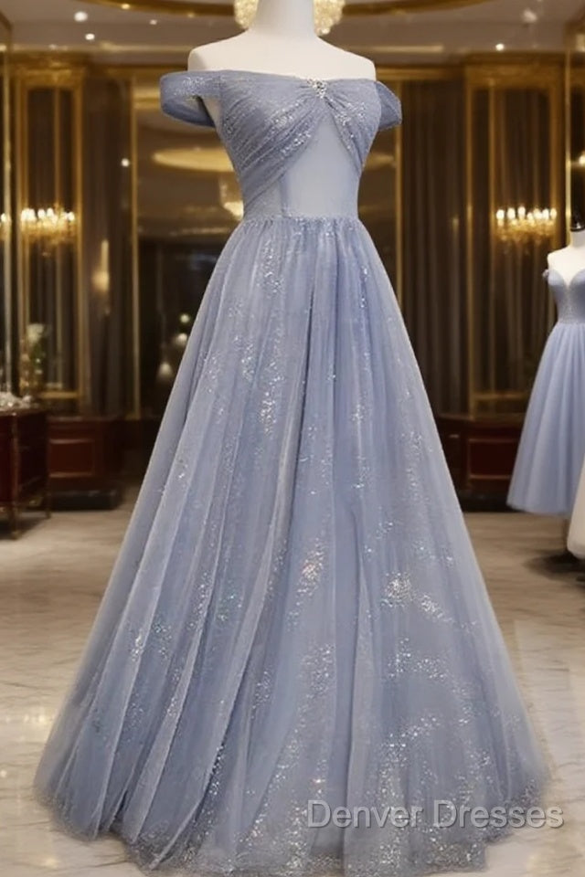 Beautiful Long Strapless Blue Tulle Beaded Long, A Line Off Shoulder Prom Dress