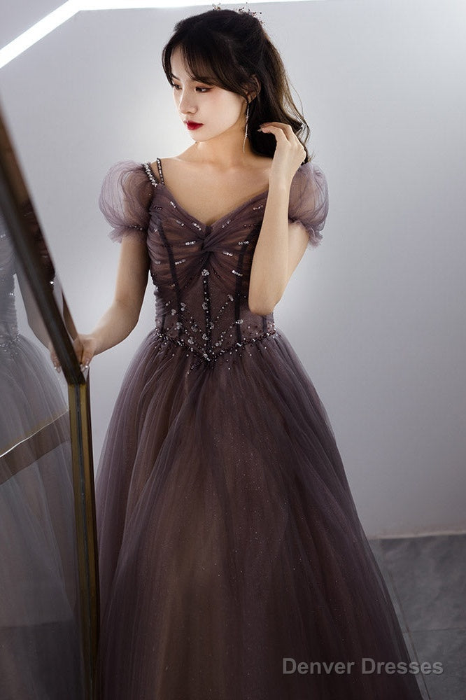 Beautiful Long Tulle Short Sleeves Beaded Junior Prom Dress, A-Line Evening Dresses Secondary image