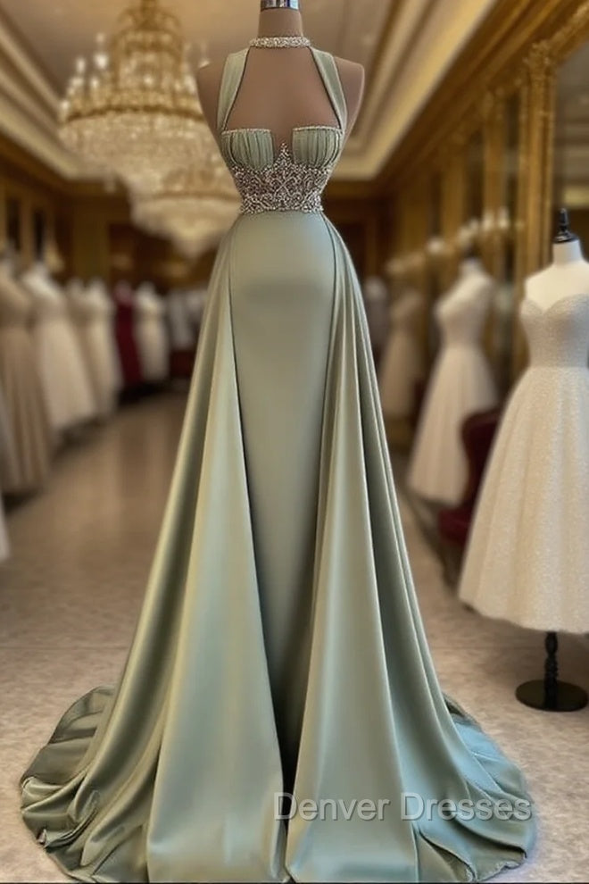 Beautiful Mermaid Sage Green Long Satin Prom Dress Main image