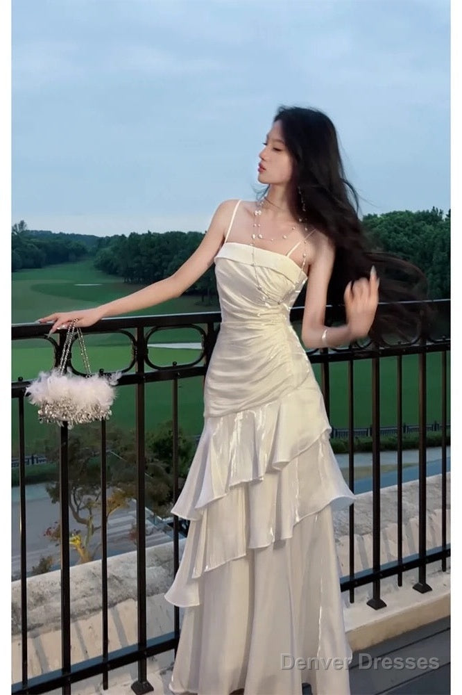 Beautiful Mermaid Spaghetti Straps Ivory Long Party Dresses Prom Dress