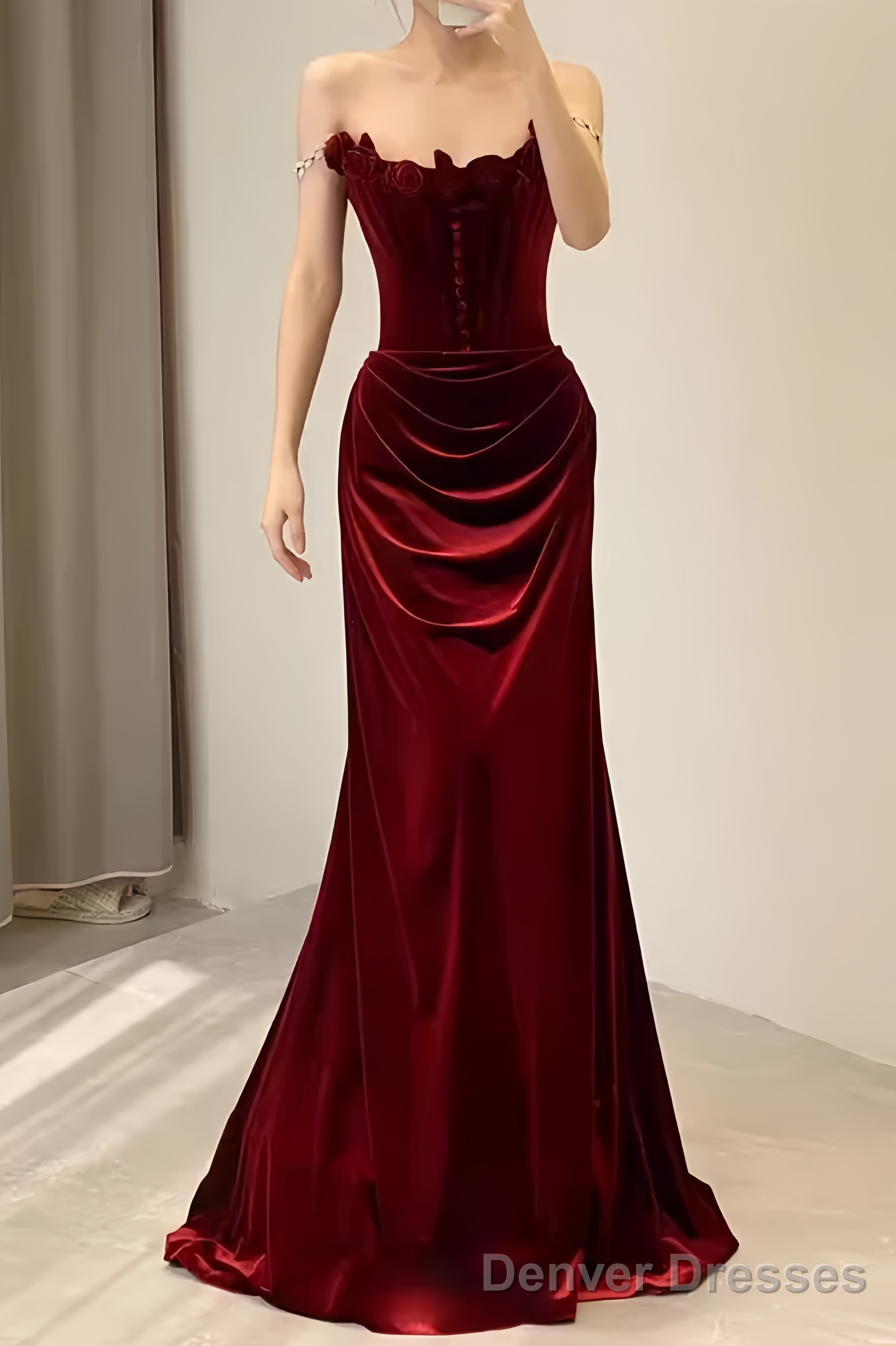 Beautiful Mermaid Strapless Red Velvet Long Prom Dress Main image