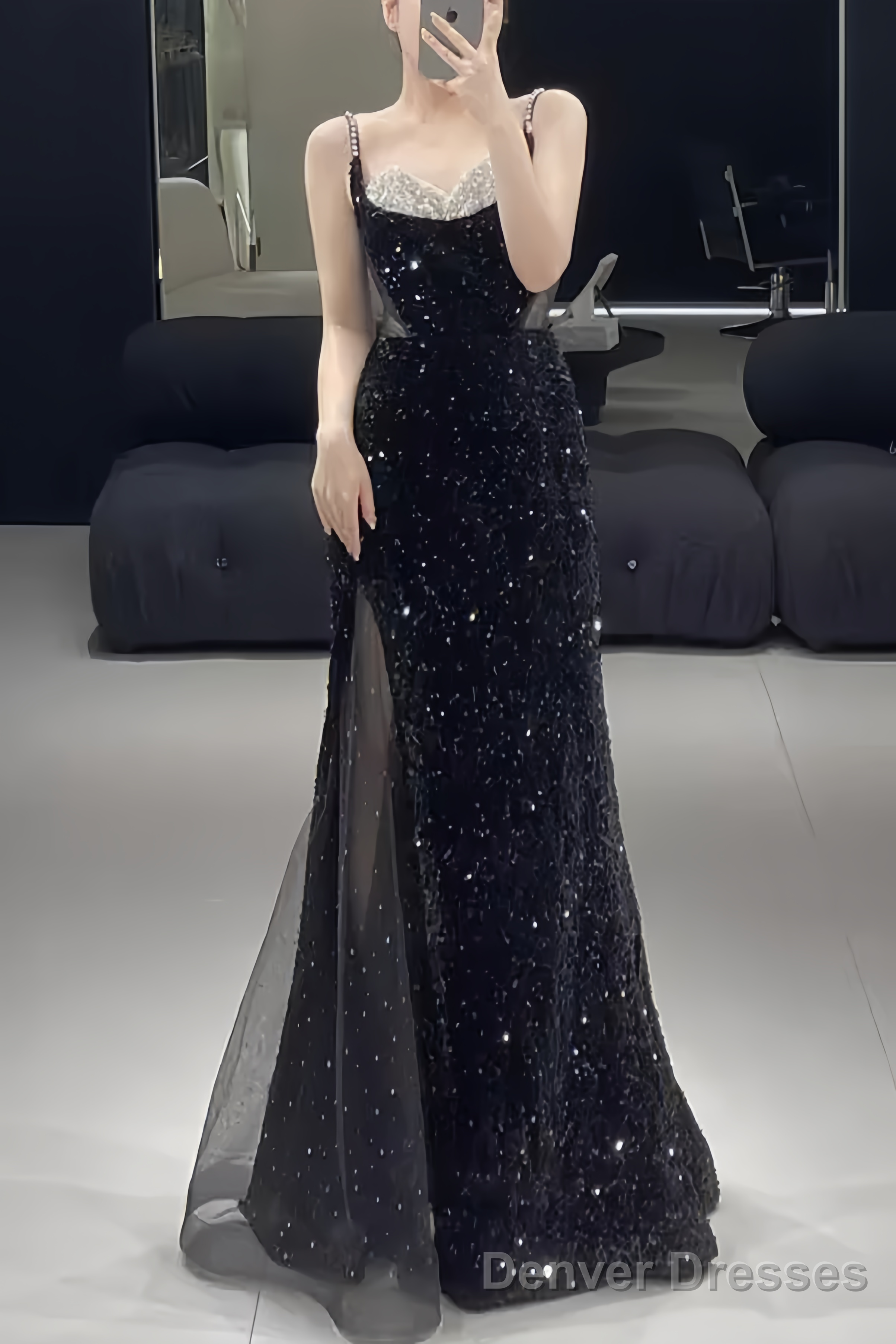 Beautiful Mermaid Straps Slit Black Long Prom Dress Main image