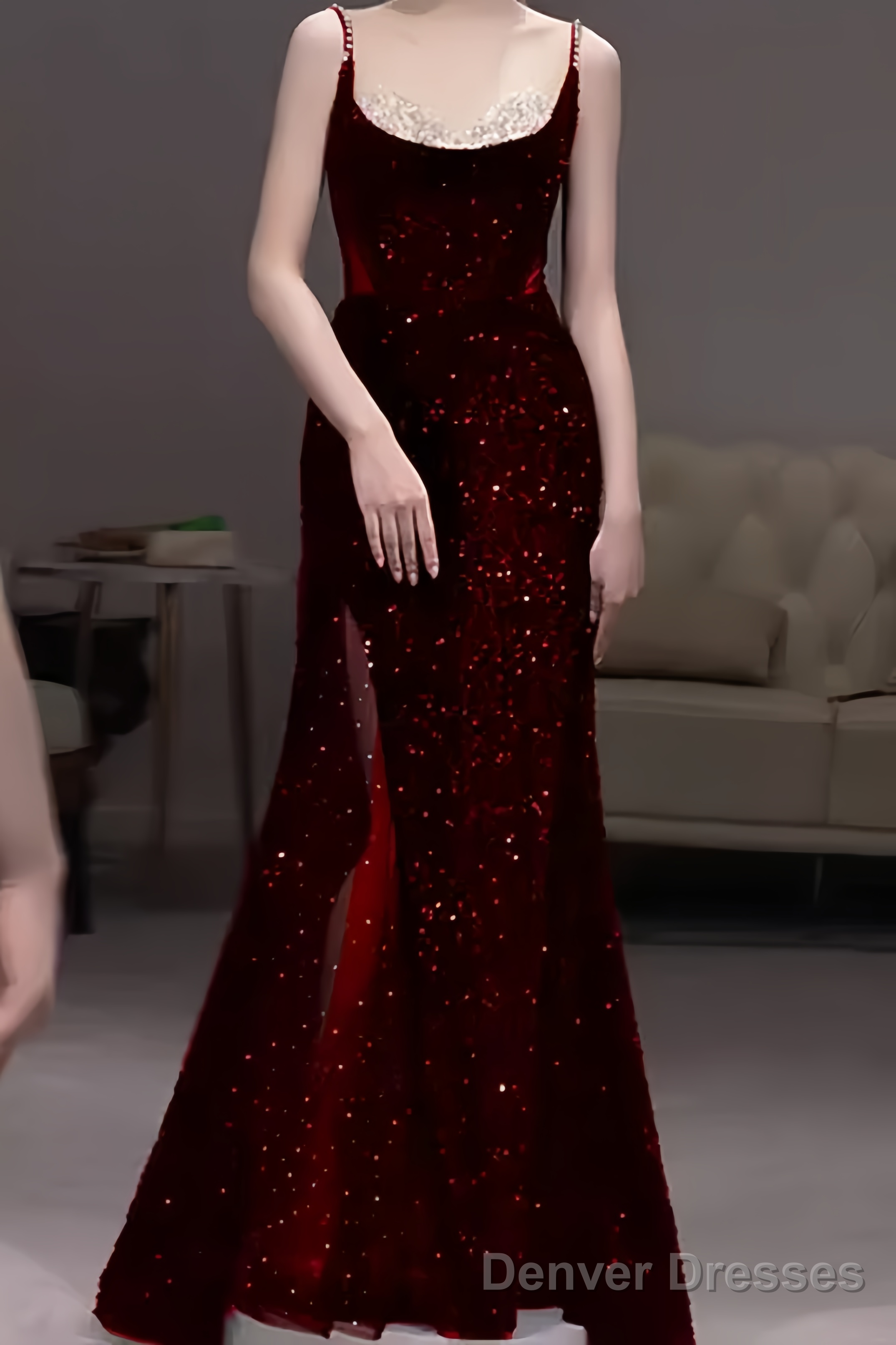 Beautiful Mermaid Straps Slit Burgundy Long Prom Dress Main image