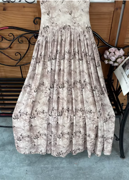 Beautiful Milk Tea Color Spaghetti Strap V-Neck Printed Satin Long Prom Dress Evening Dress
