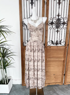 Beautiful Milk Tea Color Spaghetti Strap V-Neck Printed Satin Long Prom Dress Evening Dress
