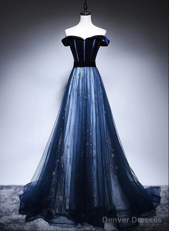 Beautiful Navy Blue Off Shoulder Long Party Dress, Long Prom Dress Main image