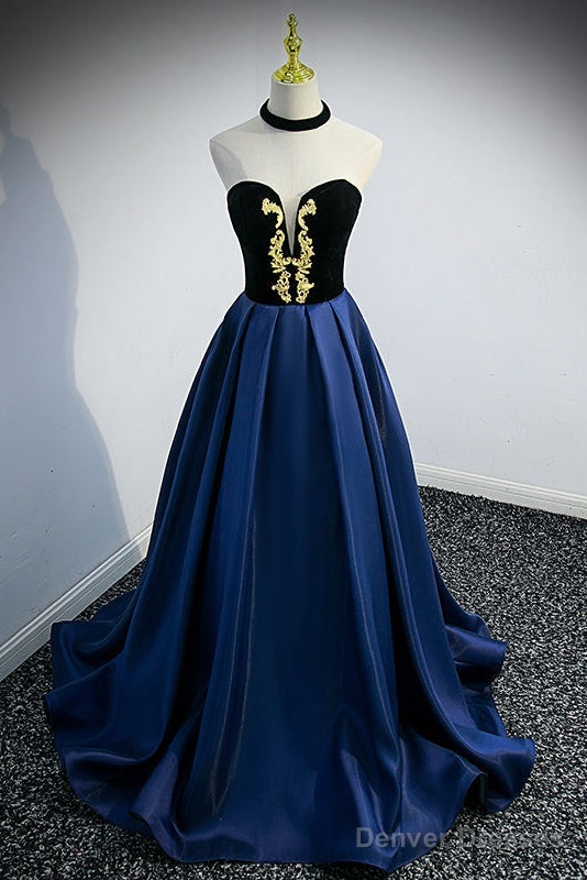 Beautiful Navy Blue Satin Halter Long Party Dress, Satin With Velvet Prom Dress Secondary image