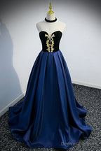 Beautiful Navy Blue Satin Halter Long Party Dress, Satin With Velvet Prom Dress