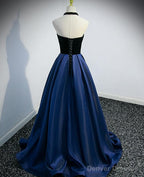 Beautiful Navy Blue Satin Halter Long Party Dress, Satin With Velvet Prom Dress