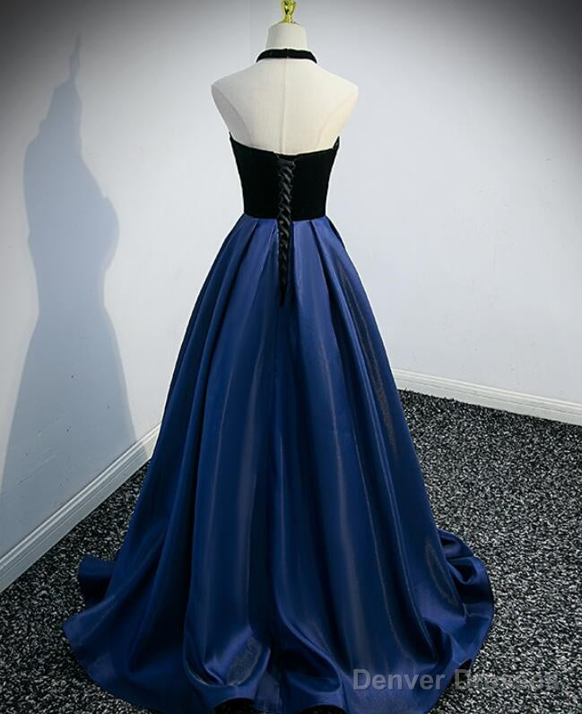 Beautiful Navy Blue Satin Halter Long Party Dress, Satin With Velvet Prom Dress