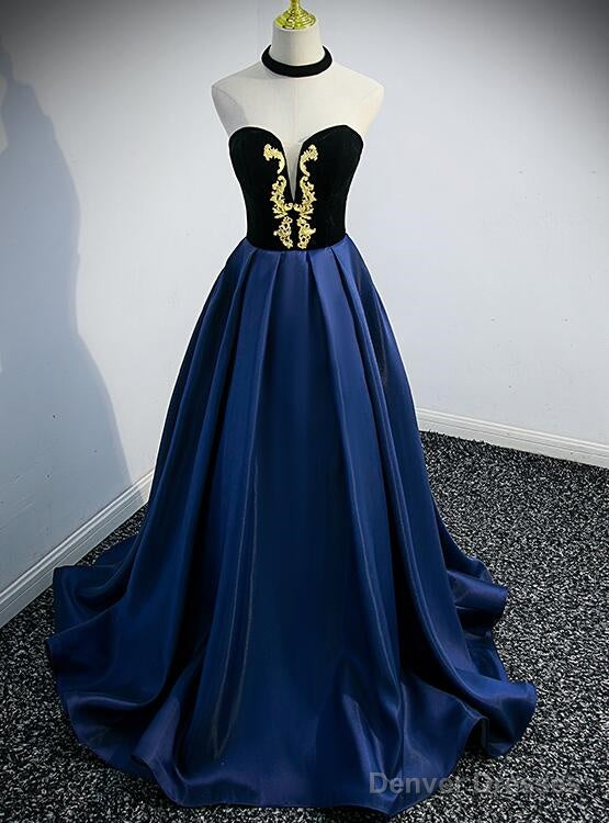 Beautiful Navy Blue Satin Halter Long Party Dress, Satin With Velvet Prom Dress
