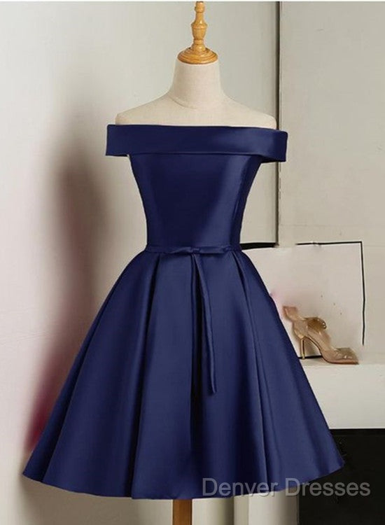 Beautiful Navy Blue Satin Knee Length Homecoming Dress, Blue Short Prom Dress Secondary image