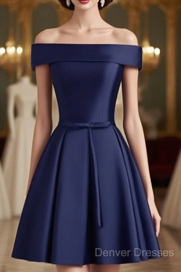 Beautiful Navy Blue Satin Knee Length Homecoming Dress, Blue Short Prom Dress Main image