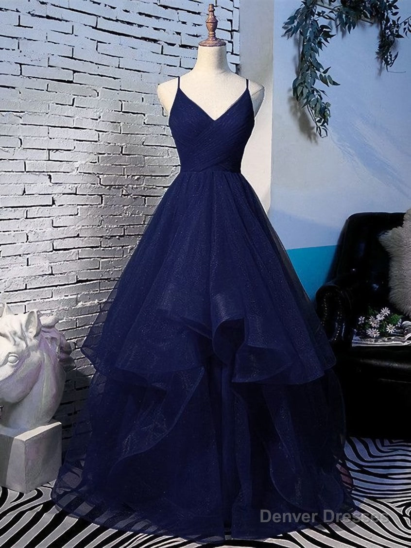 Beautiful Navy Blue Tulle Straps Long Party Dress,Princess Formal Gown Main image
