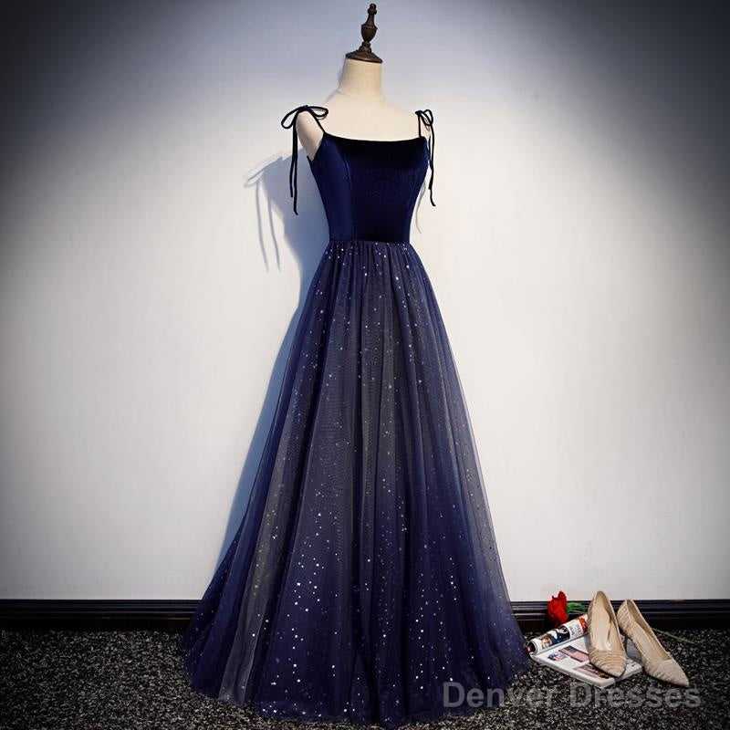 Beautiful Navy Blue Tulle Straps Long Velvet Party Dress, Blue Prom Dress Secondary image