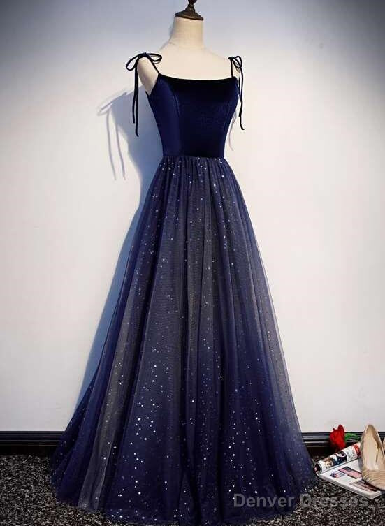 Beautiful Navy Blue Tulle Straps Long Velvet Party Dress, Blue Prom Dress Main image
