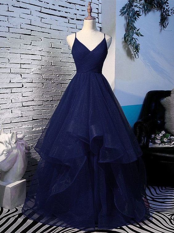Beautiful Navy Blue Tulle V-Neckline Straps Long Party Dress, Blue Formal Gown Secondary image