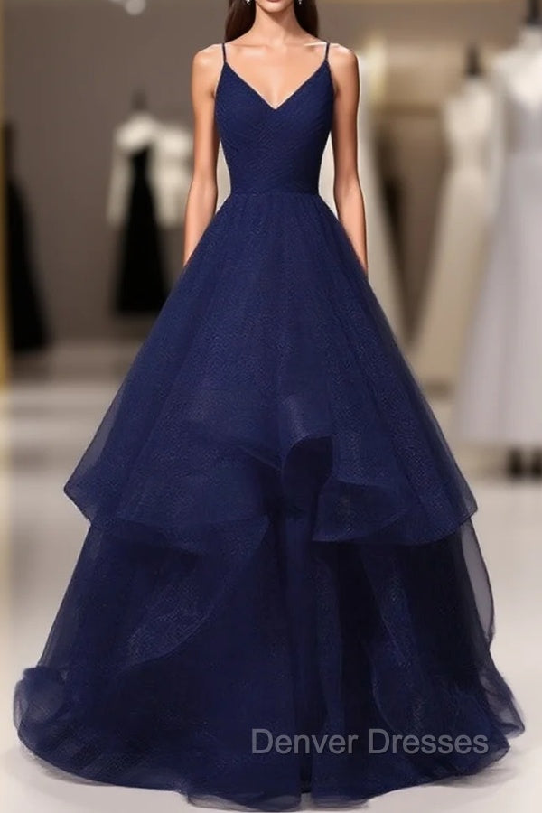 Beautiful Navy Blue Tulle V-neckline Straps Long Party Dress, Blue Formal Gown