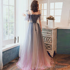 Beautiful Off Shoulder Gradient Shiny Tulle Party Dress, A-Line Tulle Prom Dresses