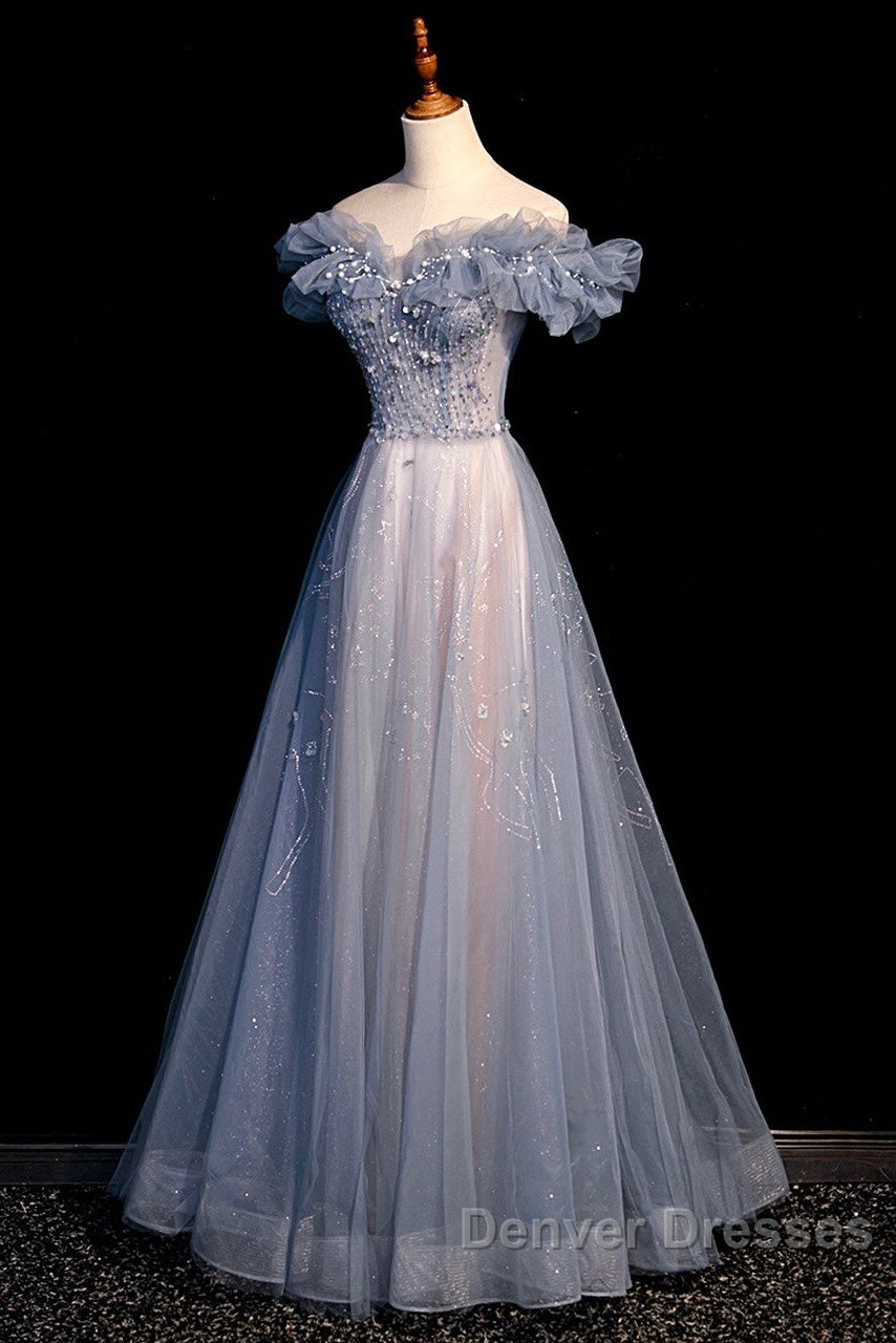 Beautiful Off Shoulder Puffy Sleeves Beaded Party Dress Prom Dress, Blue Evening Gown Secondary image