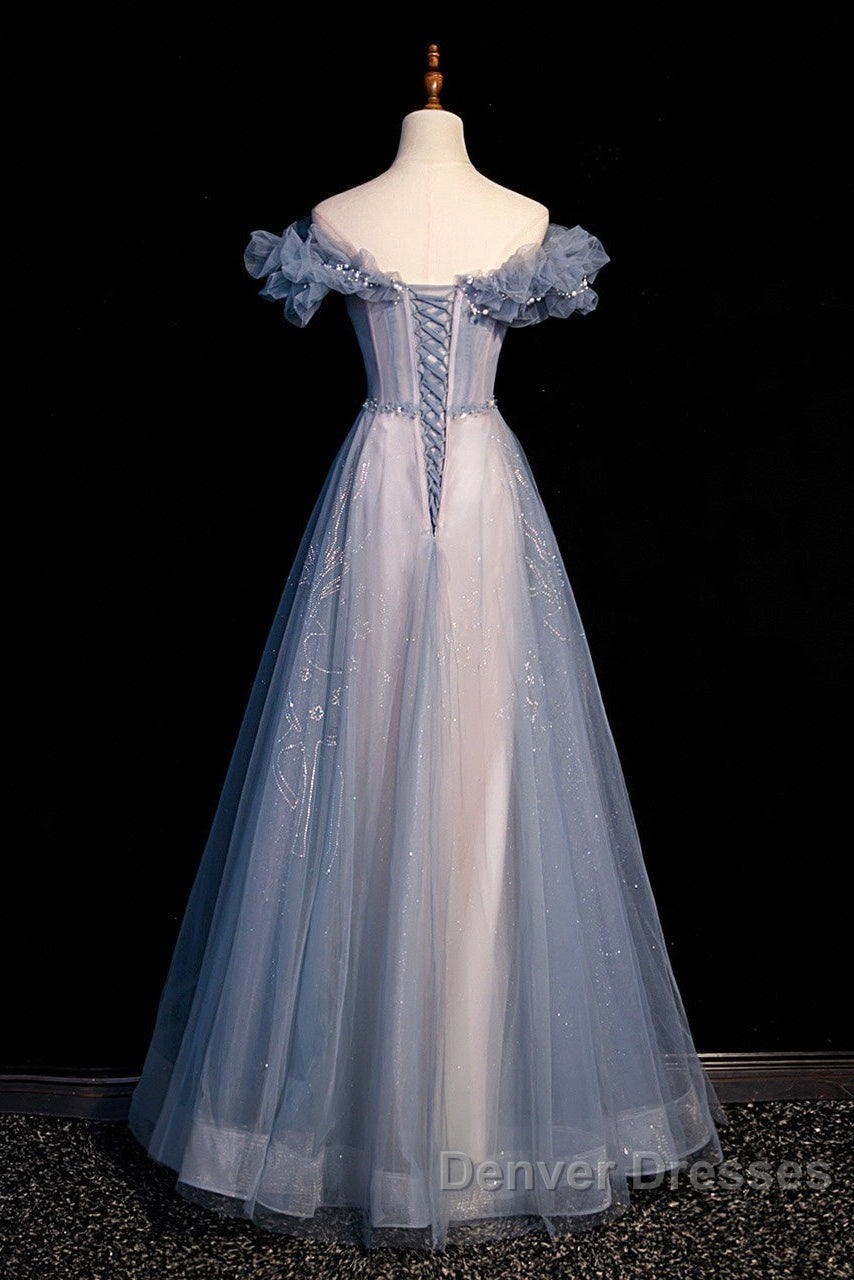 Beautiful Off Shoulder Puffy Sleeves Beaded Party Dress Prom Dress, Blue Evening Gown