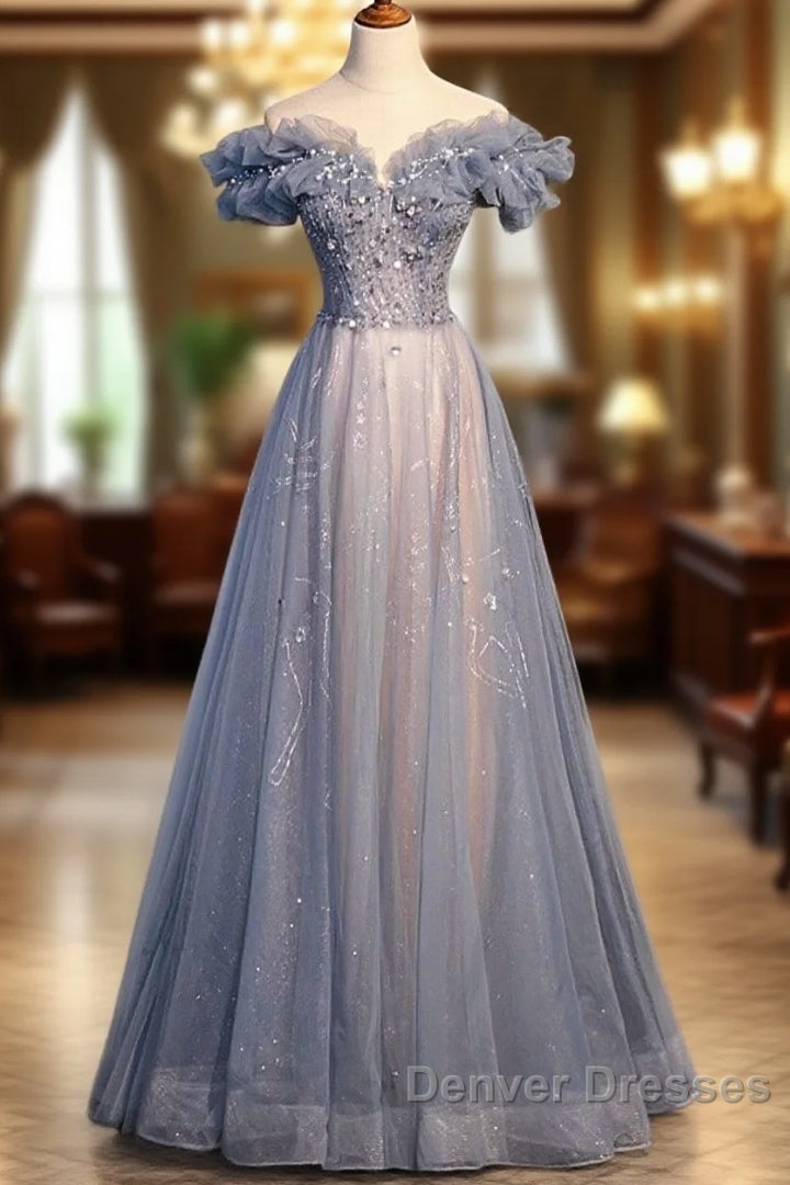 Beautiful Off Shoulder Puffy Sleeves Beaded Party Dress Prom Dress, Blue Evening Gown