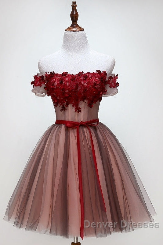 Beautiful Off Shoulder Tulle Knee Length Party Dress , Red Homecoming Dress With Applique Secondary image