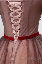 Beautiful Off Shoulder Tulle Knee Length Party Dress , Red Homecoming Dress With Applique