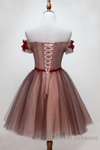 Beautiful Off Shoulder Tulle Knee Length Party Dress , Red Homecoming Dress With Applique